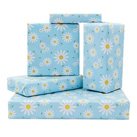 White and Yellow Daisy Floral With Green Leaves On Blue Gift Wrapping Paper With Silk Ribbon 4 Sheets For Kids Girls Boys, Flower Gift Wrap for Birthday New Baby Shower Wedding Holiday Christening and More Occasion