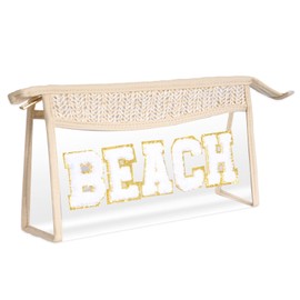 Hmxpls Boho Patch Cosmetic Bag with Zipper, Chenille Varsity Letter Makeup Bag, Clear Travel Pouch, Multi-purpose Small Toiletry Bag for Women Girls (Beach)