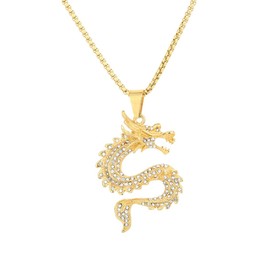 Gold Rhinestone Dragon Pendant, Iced Out Dragon Necklace for Men, Gold-Plated Chinese Dragon Necklace Hip Hop Dragon Animal Charm Jewelry, Punk Chinese Dragon Pendant Necklace for Boys