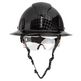 Alacati, Carbon Fiber Hard Hat Full Brim with Goggles- Safety Helmet with 6-Point Adjustable Ratchet Suspension- ANSI Z89.1 Compliant (Plaid Fiber)