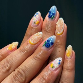 30Pcs Short Almond Press on Nails 3D Fruit Fake Nails Blueberry Citrus Daisy Flowers Design Cute Acrylic Nails Full Cover False Nail Tips Reusable Artificial Nails for Women Girls Daily Wear