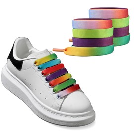 UamGlsob 2 Pairs 1/2''(1.2cm) Flat Thick Shoe Laces for Skate Shoes, Fat Wide Shoelaces, Shoe Strings Replacement Laces for Sneakers (Rainbow, 63''/160cm)