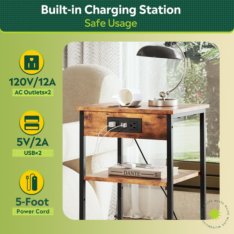 WLIVE End Table with Charging Station, Small Night Stand with
