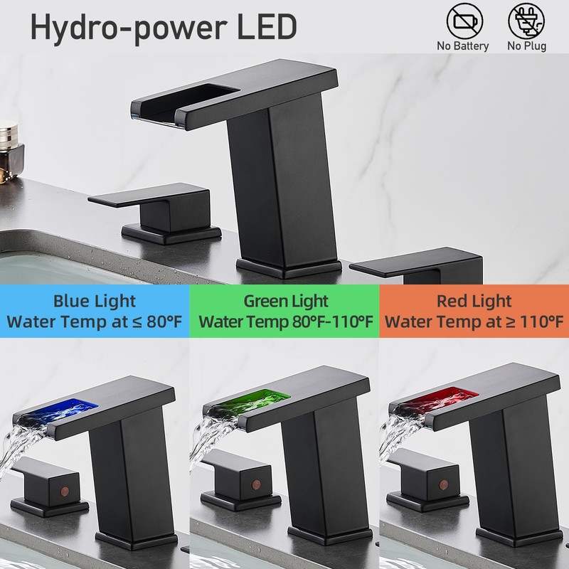 AVSIILE LED Bathroom Faucet 3 Hole, Matte Black Waterfall Bathroom