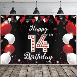 JOYKY Happy 14th Birthday Banner Backdrop, Red Black Happy 14th Birthday Decorations for Boys Girls, 14 Year Old Birthday Party Supplies Décor, 5.9 X 3.8 Fts