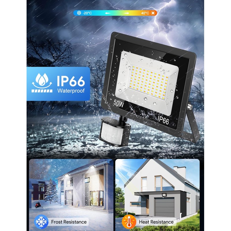50 W LED Spotlight with Motion Sensor Outdoor, 450-4500 LM