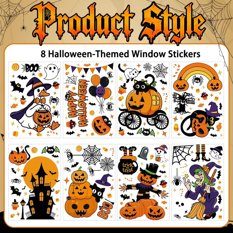 XIMISHOP 8 Sheets 174 Pcs Reusable Halloween Pumpkin Witch Window
