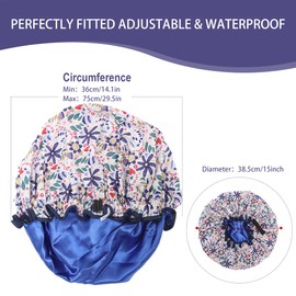 Luxury Reusable Shower Cap for Women Double Layered Shower Caps Bonnet with Adjustable Elastic Strap, Leakproof Nonslip Large Satin Lined Shower Bath Cap for All Hair Lengths-Ladies Gift Blue-Flower
