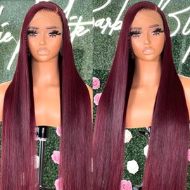 WKIPYCPK Synthetic Lace Front Wigs 99j Burgundy Color Long Straight Lace Front Wigs for Black Women Heat Resistant Synthetic 99j Red Lace Front Wigs Pre Plucked 24 Inch