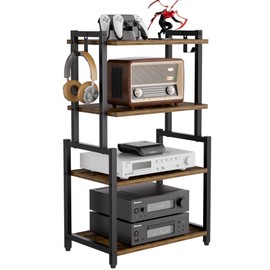 HYPIGO 4-Tier AV Media Corner Shelf, Game Console Stand with 2 Hooks, Stereo Audio Component Rack, Small Entertainment Center for Video Game and Vinyl Record Storage, Rustic Brown