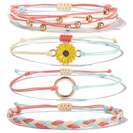 FANCY SHINY Sunflower String Bracelet Handmade Braided Rope Charms Boho Surfer Bracelet for Women(Rouge)