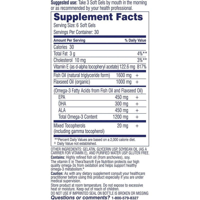 TheraTears 1200mg Omega 3 Supplement Eye Nutrition Organic Flaxseed 180