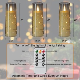 Lasumora Flameless Candles with Remote Timer, Embedded String Lights, Battery Operated LED Pillar Candles, Unbreakable Plexiglass, Set of 3, Black, 2.3" x 6"
