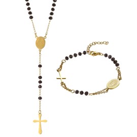 Flongo 2 Pieces Rosary Bracelet Necklace: Jewellery Set with Cross Pendant Catholic Virgin Mary Gold Black Rosary Stainless Steel Adjustable Bracelet Chain Religious Protection Virgin Mary, Stainless