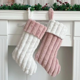 4 Pack 18 Inch Pink and White Christmas Stockings with Name Tags, Xmas Hanging Stocking with Bow & Bell, Pink and White Stockings Christmas (Classic Christmas Stocking)