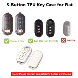 Hoembpn 3 Button TPU Car Key Cover Keychain Compatible with Fiat 500, Brava, Bravo, Doblo, Ducato, Fiorino, Grande Punto, Palio - Includes Carabiner Leather Lanyard D-Ring, White