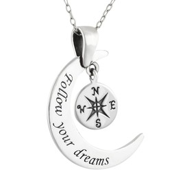 FashionJunkie4Life Sterling Silver Follow Your Dreams Crescent Moon w/Compass Pendant Necklace, 18" Chain