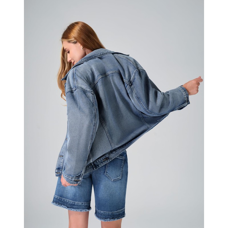 roswear Denim Jacket Coat for Women with Flap Chest Pockets