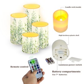 NETILGEN Flameless Light Candles 4 Pack Battery Operated with Color Changing Timer Remote Control Fake Pillar Candles Tealights Beach Wedding Home Indoor Decor, Leaf Green White