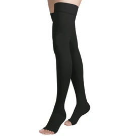 Medias de compresión de alta compresión para el muslo, puntera abierta, par, soporte firme 20-30 mmHg calcetines de compresión degradado con banda de silicona, unisex, opacos, ideales para arañas y venas varicosas, edema, hinchazón, negro L