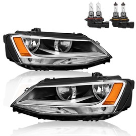 KUIPERAUTO Pair Headlights Assembly OE Replacement Compatible for 2011-2018 Volkswagen Jetta Halogen Clear Lens Chrome Housing Amber Reflector Front Lamps Left and Right Side #5C7941005