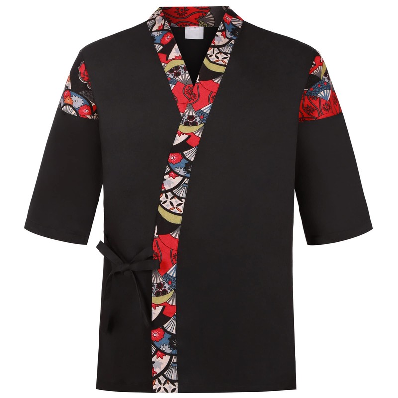 Unisex 3/4 Sleeve Black Sushi Chef Coat Kimono Cardigan Japanese