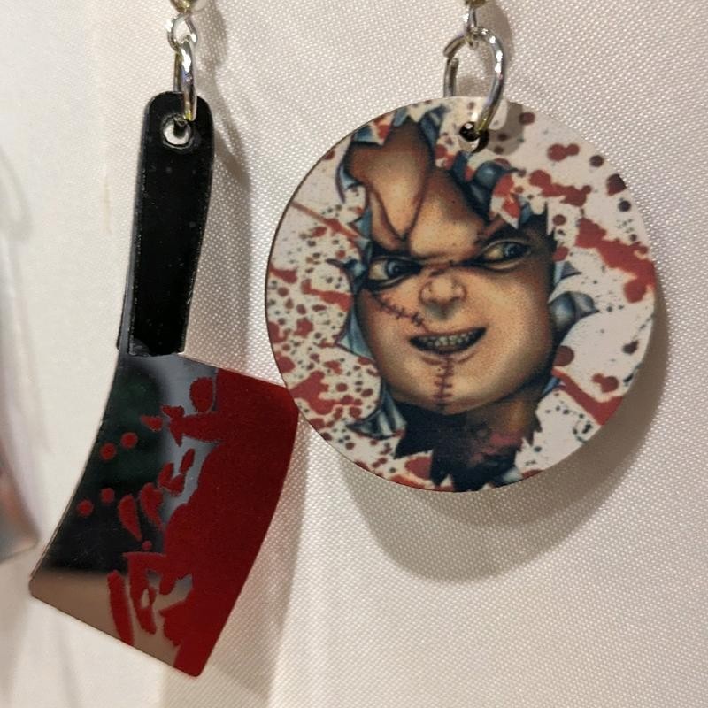 Chucky doll and knife earring set - Color: butcher knife