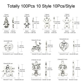Ipotkitt 100 Pcs 10 Styles Antique Silver Boy and Girl Charms Vintage Heart Human Charms Metal Couple Charms for DIY Keychain Bracelet Necklace Jewellery Making