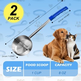 Ashmacdo 2 Pcs Dog Food Scoop 1 Cup Cat Food Measuring Cups Long Handled Scoop for Dogs Cats Birds and Rabbits Food Stainless Steel Portion Control Serving Spoons