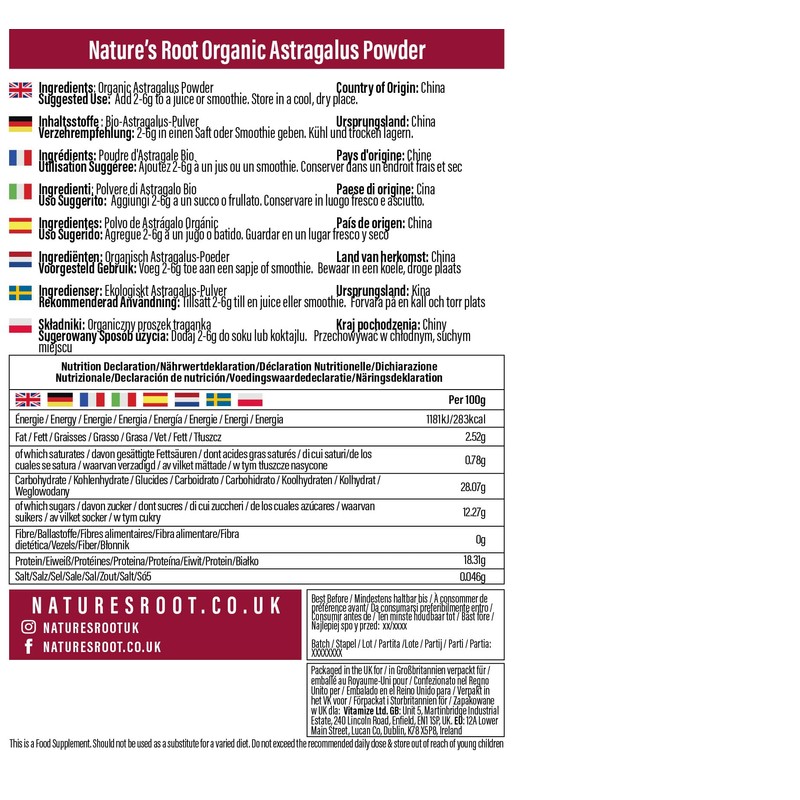 Natures Root Organic Astragalus Root Powder - 500g Herbal Supplement