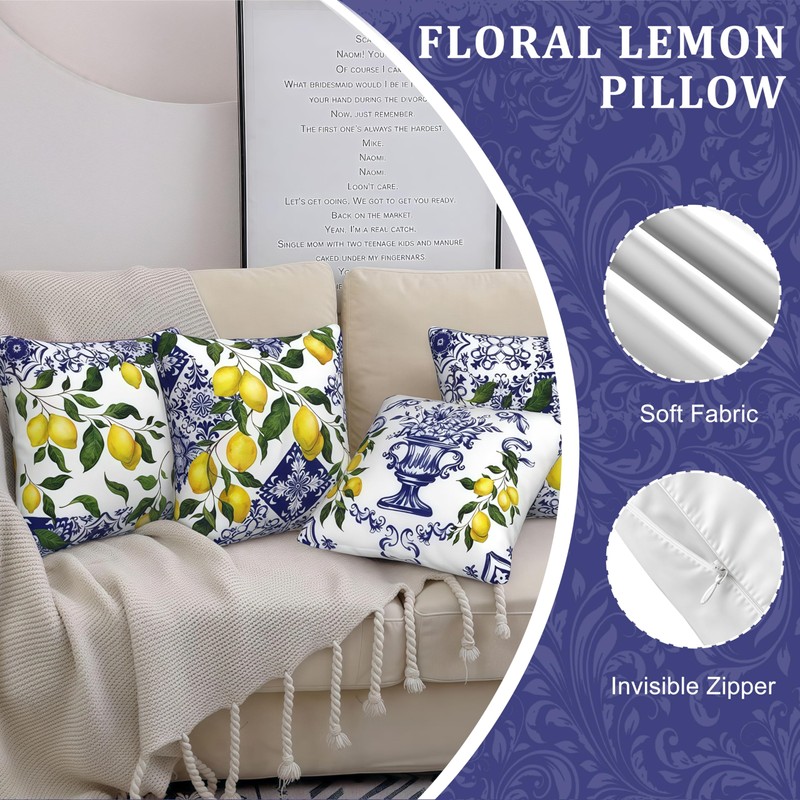 Shimmerz Pack of 4 Lemon Summer Throw Cushion Covers, 45