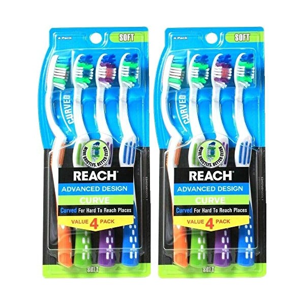 Reach Advanced Design Curve cepillos de dientes suaves, 4 unidades (Paquete de 2) Total 8 cepillos de dientes, los colores pueden variar