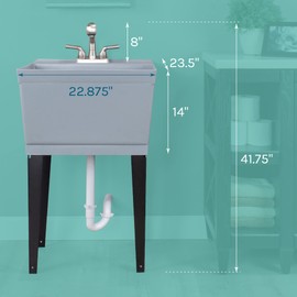 Grey Utility Sink Laundry Tub With Pull Out Stainless Steel Finish Faucet, Sprayer Spout, Heavy Duty Slop Sinks For Basement, Garage or Shop, Large Free Standing Wash Station Tubs and Drainage