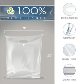 Clear Merchandise Plastic Shopping Bags - 100 Pack 9" x 12" with 1.5 mil Thick - Die Cut Handles - Perfect for Retail, Party Favors, Birthdays, Goodie Bags - Color Clear - 100% Recyclable