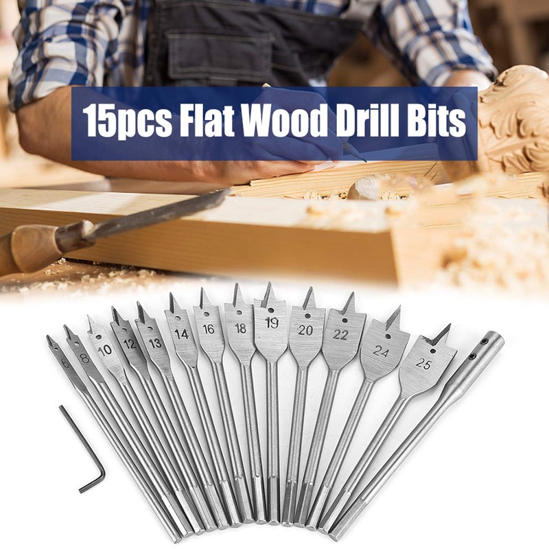 15Pcs Premium Woodworking Spade Drill Bit Set,Metric Flat Drills Set,