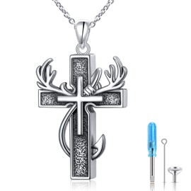 DAOCHONG 925 Sterling Silver Cremation Jewelry Cross Urn Necklace for Ashes for Men Women Fish Hook Memorial Human Pet Urn Pendant Deer Antler Ashes Holder Keepsake Gifts for Loved Ones