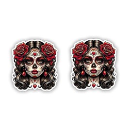 Set of 2 Stickers Day Dead Beautiful La Calavera Catrina Rose Patriotic Mexico Vinyl Decal Waterproof Weather Resistant Letters Estado Aguila Mexican Flag Design Perfect for Car Bumper Laptop (4")