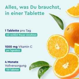 Vitamin C 1000mg - Hochdosierte, vegane Tabletten für Immunsystem & Energie* - Kleine Tabletten + leicht zu schlucken - 120 Stück für 4 Monate Vorrat - Laborgeprüft und ohne Zusätze