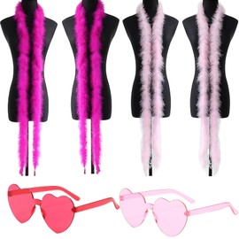 Syylqyr 6 PCS Pink Feather Boa, Feather Boa Pink, Feather Boas Multipack Set, Total Length 8m Feather Boas 2 PCS Heart Sunglasses for Party Bulk Wedding Costume Concert Home Decoration
