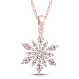 14k Rose Gold Over Sterling Silver Round And Baguette Cut Sparkling White Cubic Zirconia Snowflake Pendant Necklace Along With 18" Chain
