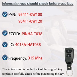 Key Fob Replacement Fits for Hyundai Santa Fe Keyless Entry Remote Control 2007 2008 2009 2010 2011 2012 FCC ID: PINHA-T038 IC:4018A-HAT038 P/N:95411-0W100, 95411-0W120 315MHz