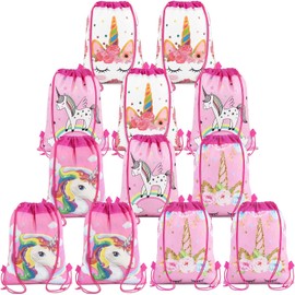Newthinking 12 Pack Drawstring Party Bags for Kids, Non-woven Fabric Unicorn Drawstring Backpacks Party Favor Bags Supplies for Grils Birthday Pamper Party