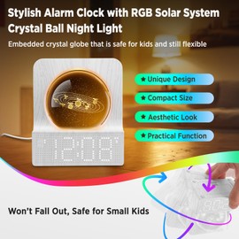 DreamSky Space Alarm Clock for Kids Teens, Small Digital Clock with RGB Night Light for Bedroom, Colorful Crystal Ball Decor for Living Room Office, Dimmer, Gifts for Boys Girls Women (Wood Grain)