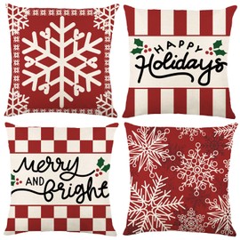 Heirloom Haven 4pcs Winter Snowflakes Pillow Covers Decoration,18x18in Red Christmas Pillow Case Xmas Plaid Throw Pillow Covers Cushion Case for Winter Holiday Seasonal Farmhouse Couch Sofa Home Decor