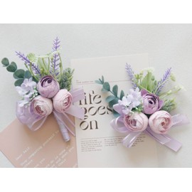 MAFELOE Artificial Corsage Boutonniere Set for Groom Bride Groomsmen Bridesmaids, Simulated Flowers Accessories Wedding Party Prom Suit Decorations-2 Pieces of Purple+Pink
