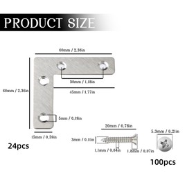 24Pcs Flat Corner L Shape Plate, Stainless Steel Flat Right Angle Bracket Repair Brace Support with 100 Screws Mending Plate Connector for Fixing and Repairing Furniture Table Window Cabinet(60*60mm)