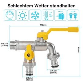 Messing Doppelgartenhahn, 1/2 Zoll Doppelauslass Gartenhahn Rost und Frostschutz Doppelauslasshahn für Garten Waschmaschine Regenfass mit 4 Schlauchanschlüsse
