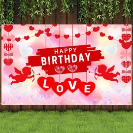 4x6Ft Love Heart Valentine's Day Happy Birthday Backdrop Banner,Love Heart Theme Birthday Party Photography Background,Spring Holiday Valentine's Day Birthday Party Decor