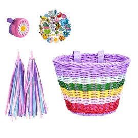 Naisfei Children's Bicycle Basket Front, 1 Set Bicycle Basket Front Children Removable Bicycle Basket Wicker Basket Front with Bells and Streamers, Girls Bicycle Basket Accessories, Rainbow Colours