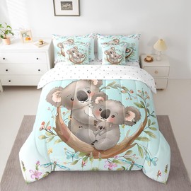 Feelyou Kids Koala Full Comforter Set with Sheets Cute Koala 7 Pieces Bedding Set Boys Girls Tropical Leaves Bed in a Bag with Comforter, Sheets, Pillowcases & Cushion Cover Wild Animals Bed Set